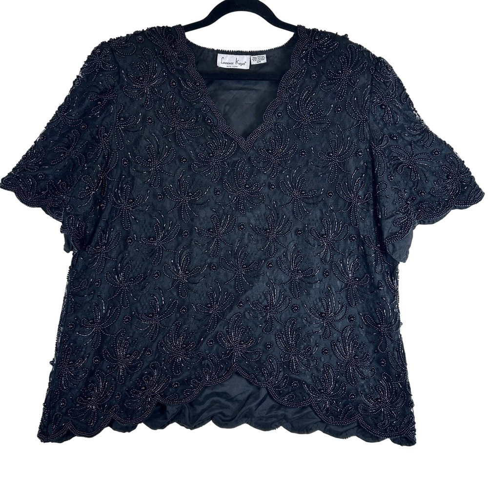 Laurence Kazar Vintage Black Beaded Lace Evening Top Plus Size 3X V-Neck Floral